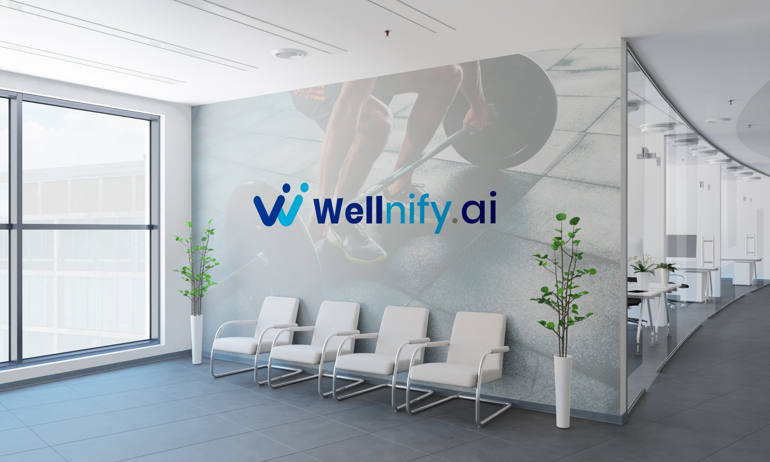 Wellnify.ai branding mockup on an office wall